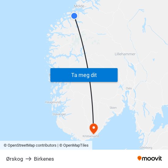 Ørskog to Birkenes map