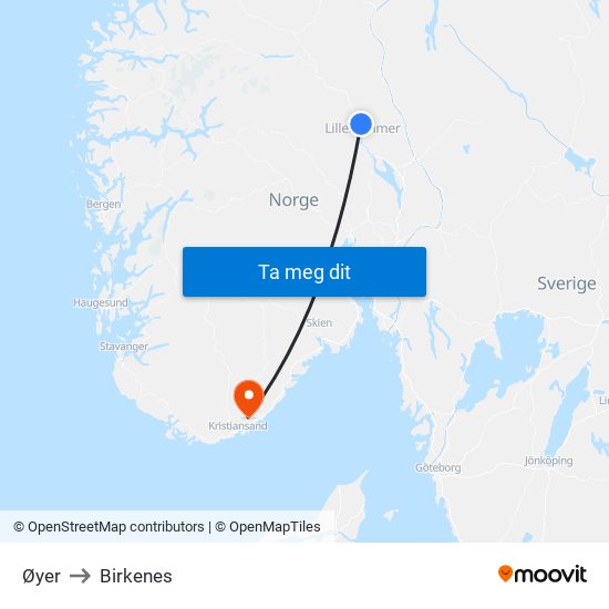 Øyer to Birkenes map