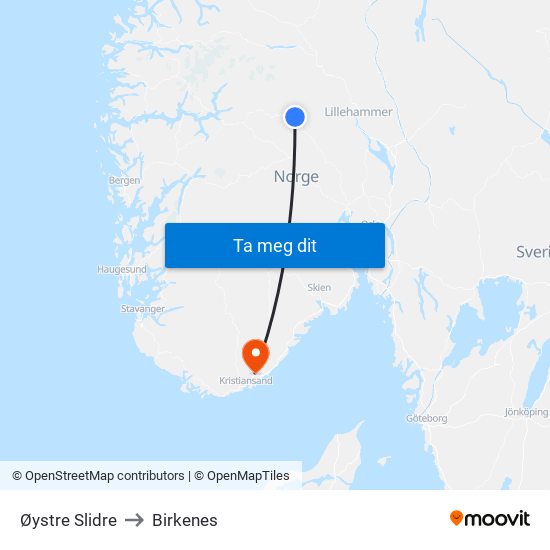 Øystre Slidre to Birkenes map