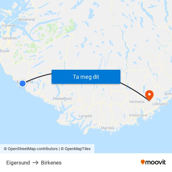 Eigersund to Birkenes map