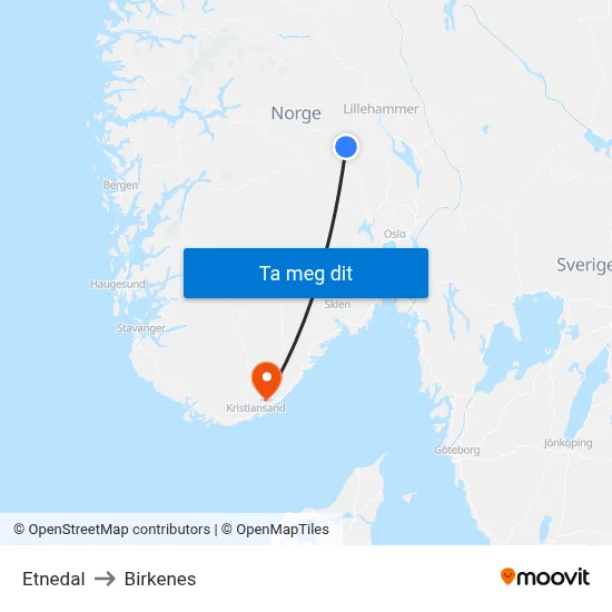 Etnedal to Birkenes map