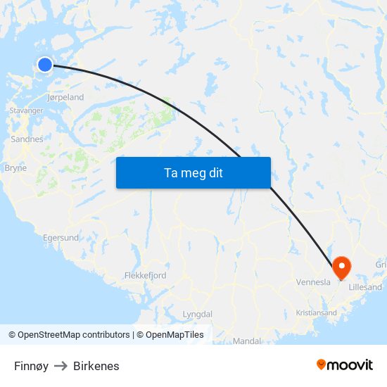 Finnøy to Birkenes map