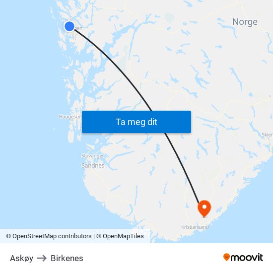 Askøy to Birkenes map