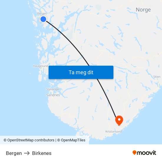 Bergen to Birkenes map