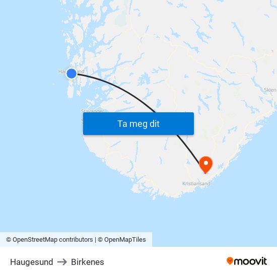 Haugesund to Birkenes map