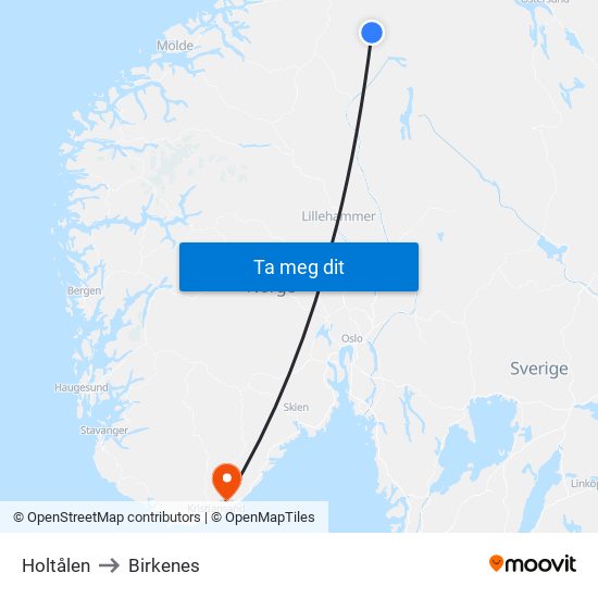 Holtålen to Birkenes map