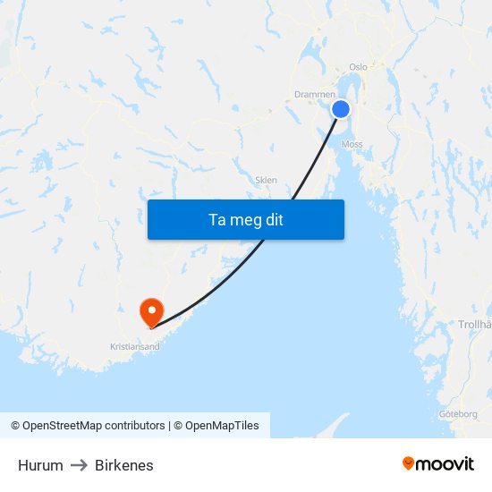 Hurum to Birkenes map