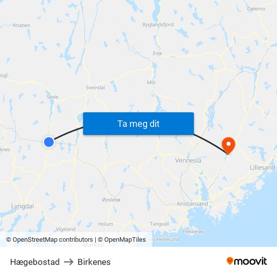 Hægebostad to Birkenes map