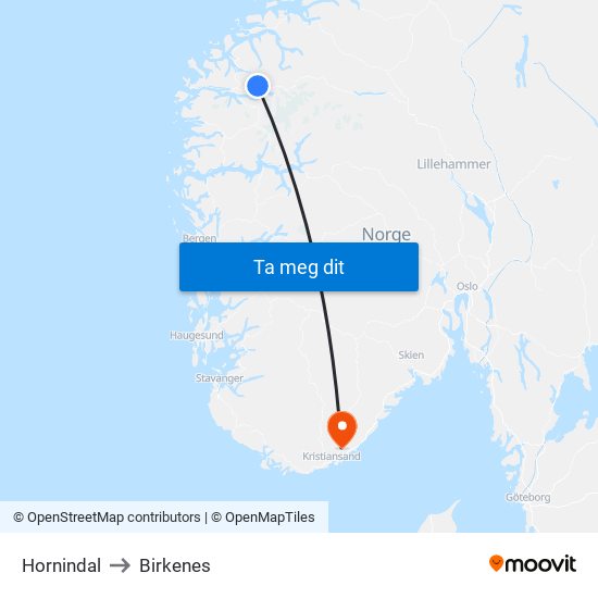 Hornindal to Birkenes map