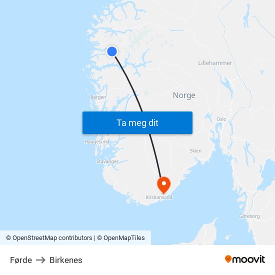 Førde to Birkenes map