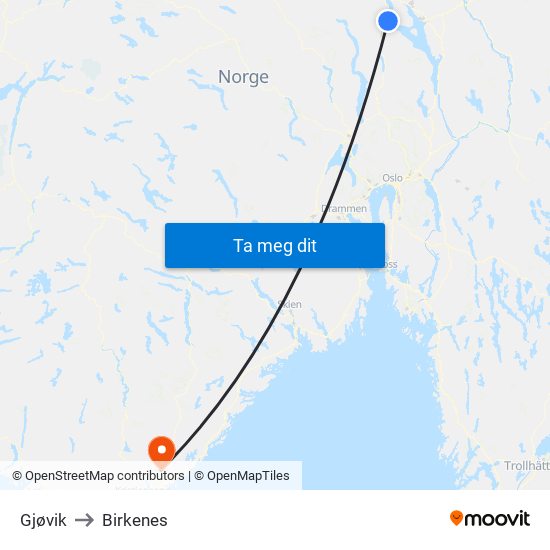Gjøvik to Birkenes map