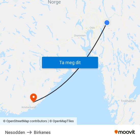 Nesodden to Birkenes map