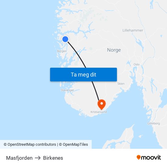 Masfjorden to Birkenes map