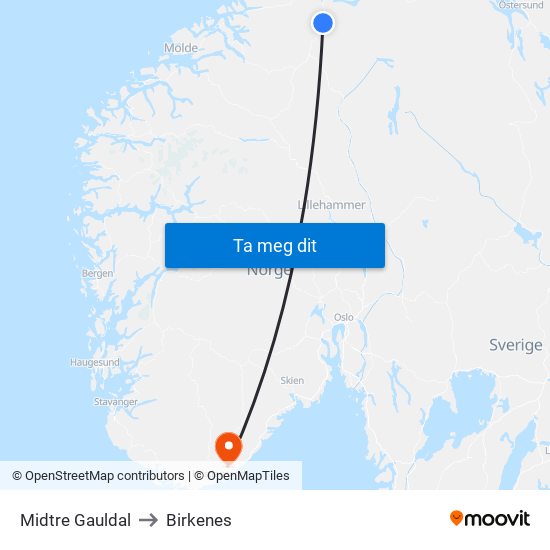 Midtre Gauldal to Birkenes map