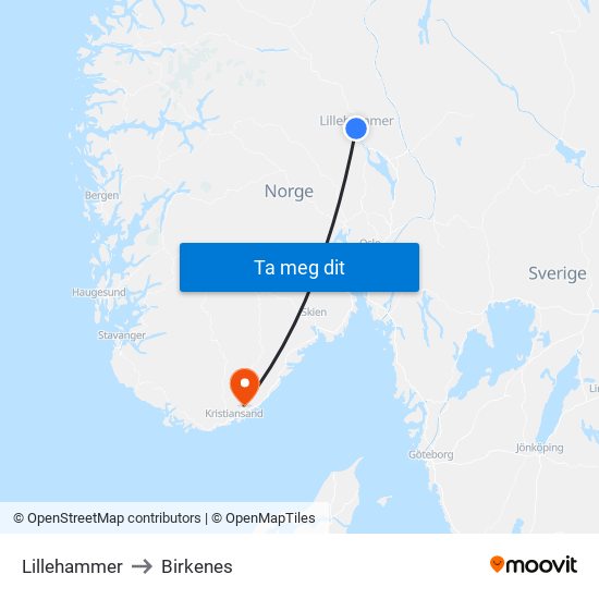 Lillehammer to Birkenes map