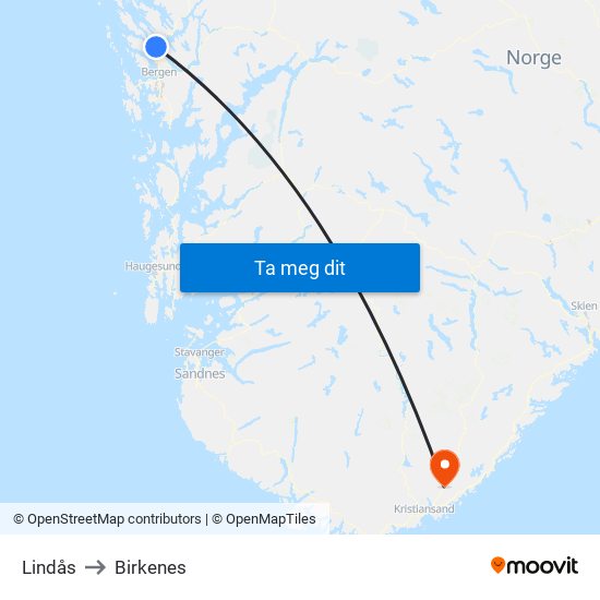 Lindås to Birkenes map