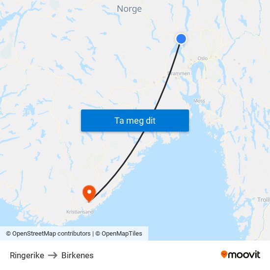 Ringerike to Birkenes map