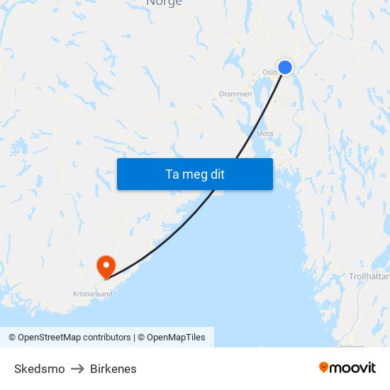 Skedsmo to Birkenes map