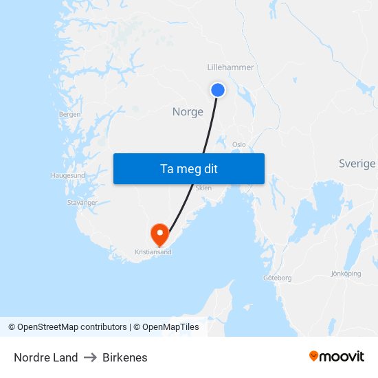 Nordre Land to Birkenes map