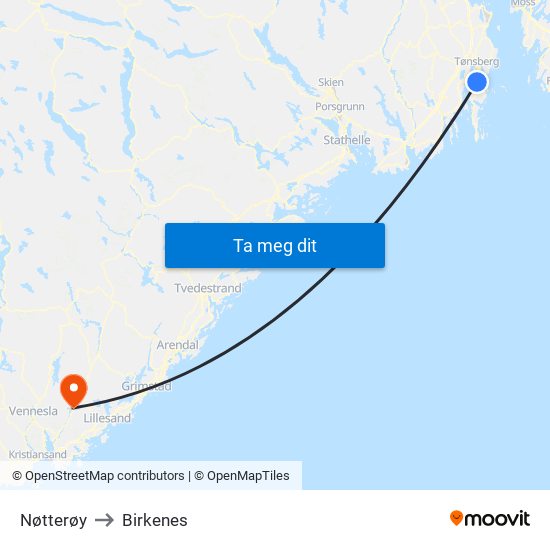 Nøtterøy to Birkenes map