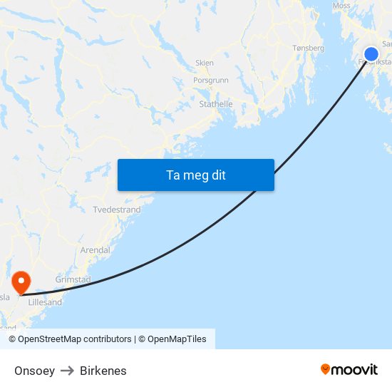 Onsoey to Birkenes map