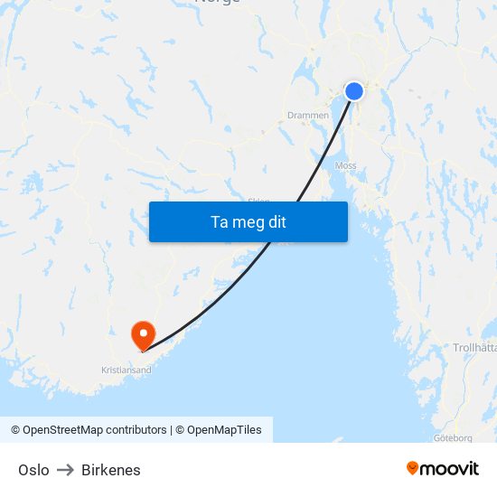 Oslo to Birkenes map