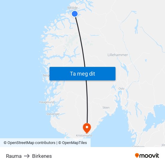 Rauma to Birkenes map