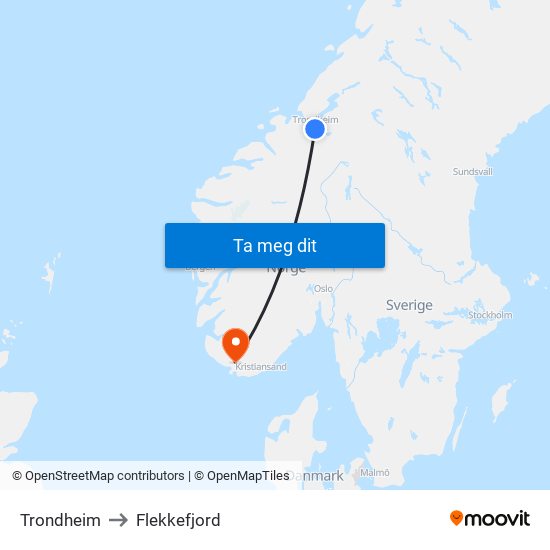 Trondheim to Flekkefjord map