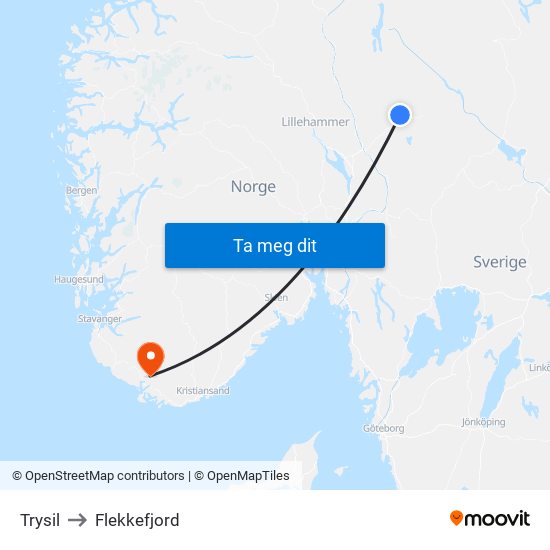 Trysil to Flekkefjord map