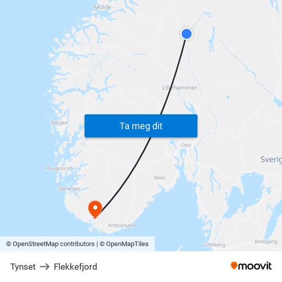 Tynset to Flekkefjord map