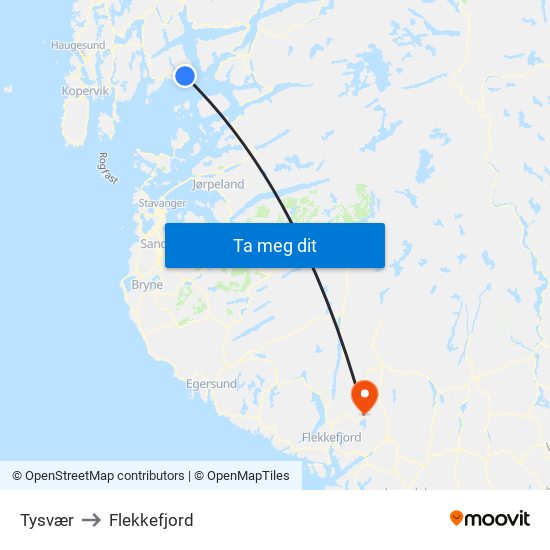 Tysvær to Flekkefjord map