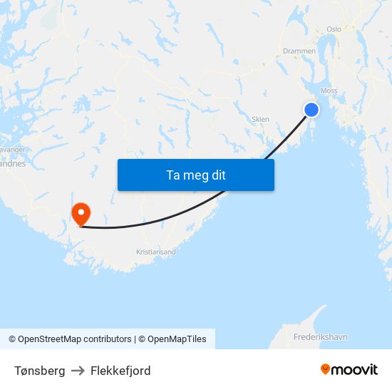 Tønsberg to Flekkefjord map