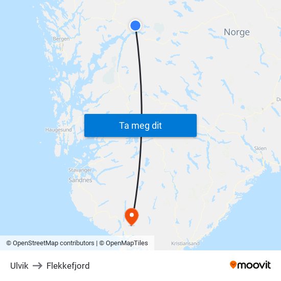 Ulvik to Flekkefjord map