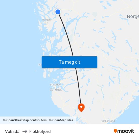 Vaksdal to Flekkefjord map