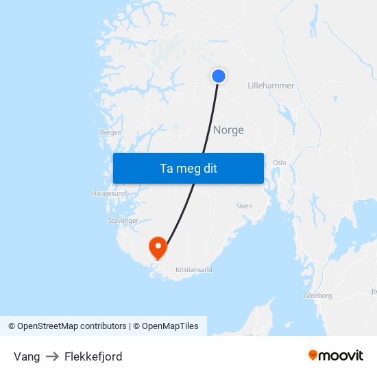 Vang to Flekkefjord map