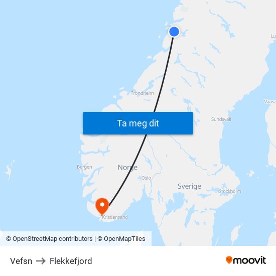 Vefsn to Flekkefjord map