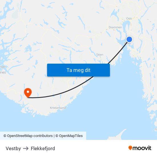 Vestby to Flekkefjord map