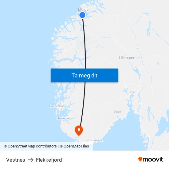 Vestnes to Flekkefjord map