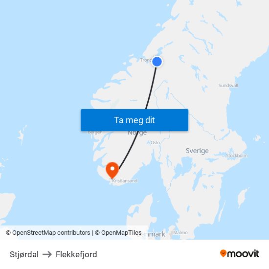 Stjørdal to Flekkefjord map