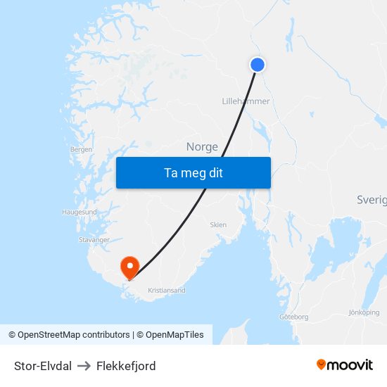 Stor-Elvdal to Flekkefjord map