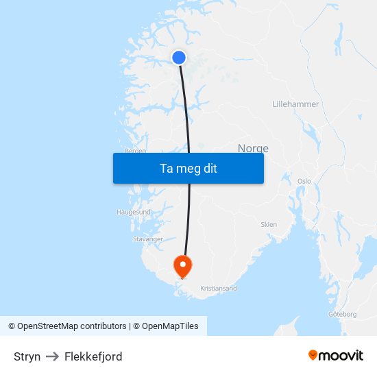 Stryn to Flekkefjord map