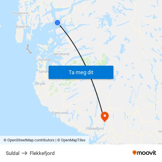 Suldal to Flekkefjord map