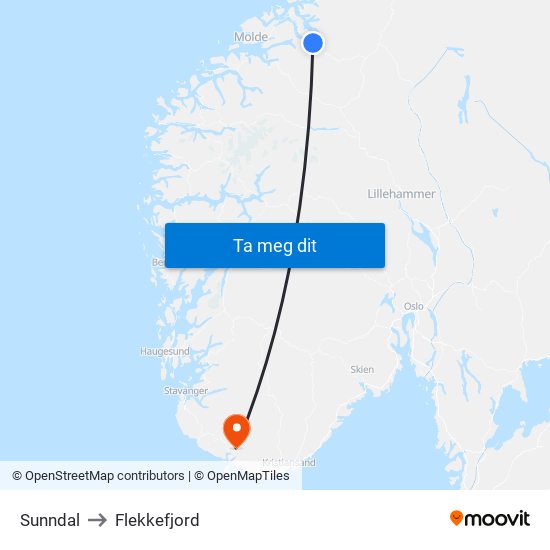Sunndal to Flekkefjord map