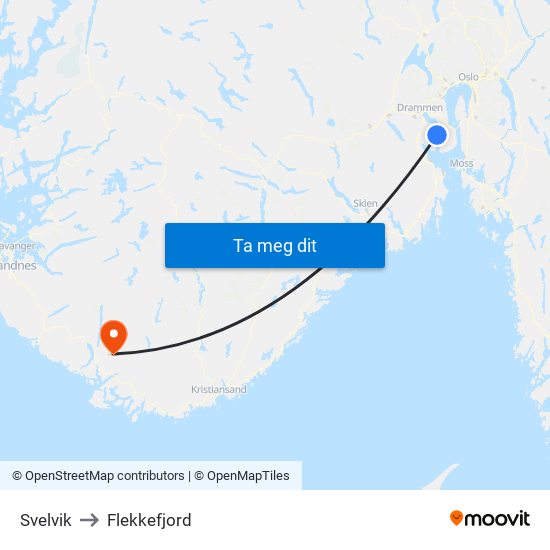 Svelvik to Flekkefjord map