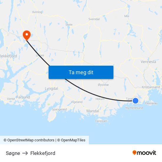 Søgne to Flekkefjord map