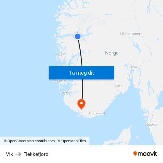 Vik to Flekkefjord map