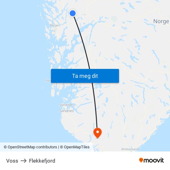 Voss to Flekkefjord map