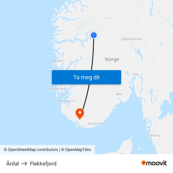 Årdal to Flekkefjord map