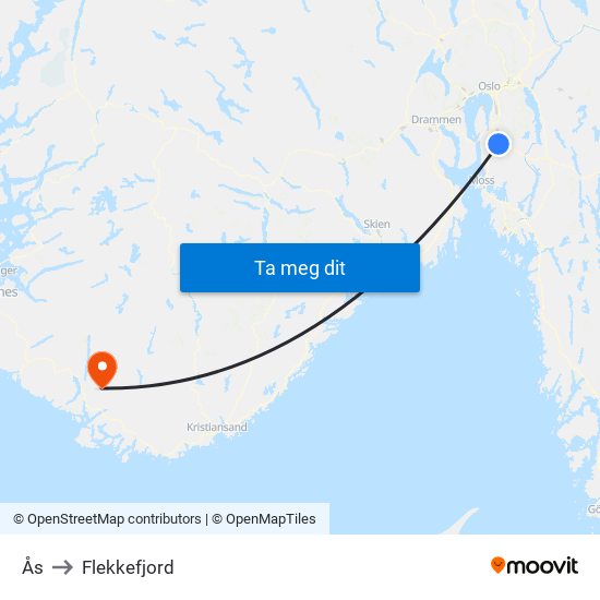 Ås to Flekkefjord map