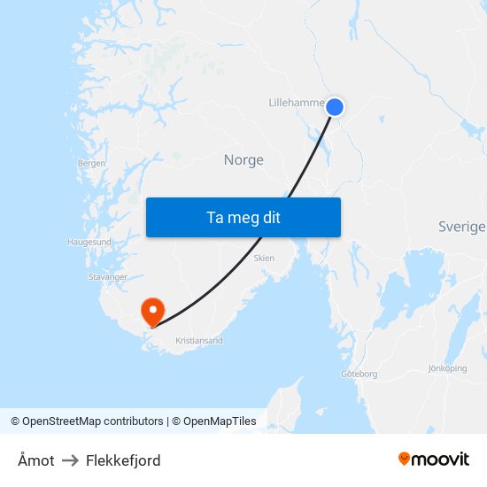 Åmot to Flekkefjord map